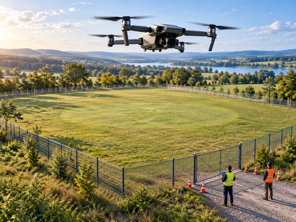 Dron nad ogrodzonym obszarem naziemnym, z pilotem i osobą zabezpieczającą wejście