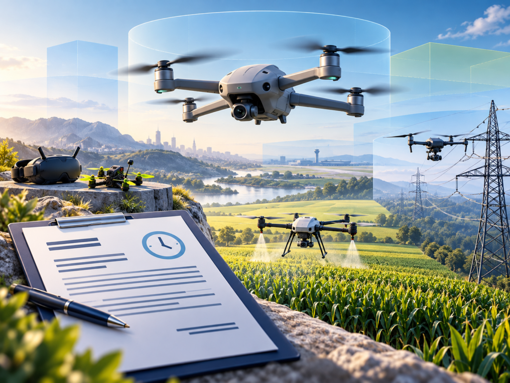 Ilustracja czasowych zwolnień dronowych: dokument z symbolem zegara, drony do lotów z goglami, rolnictwa i inspekcji infrastruktury