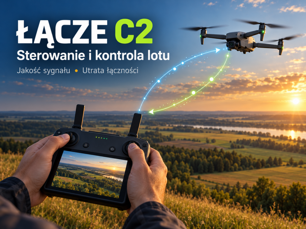 Łącze C2 w dronie — aparatura sterująca i dron połączone strzałkami symbolizującymi dwukierunkową transmisję danych