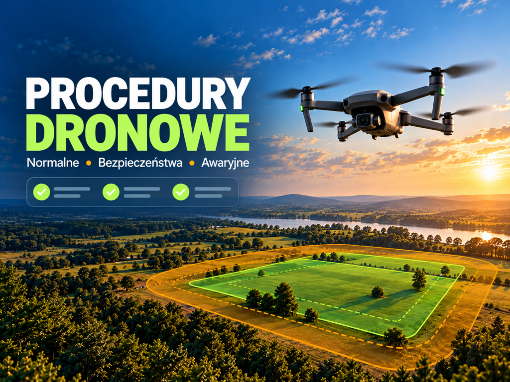 Dron nad krajobrazem z zaznaczonymi strefami operacji i napisem: Procedury dronowe — normalne, bezpieczeństwa, awaryjne
