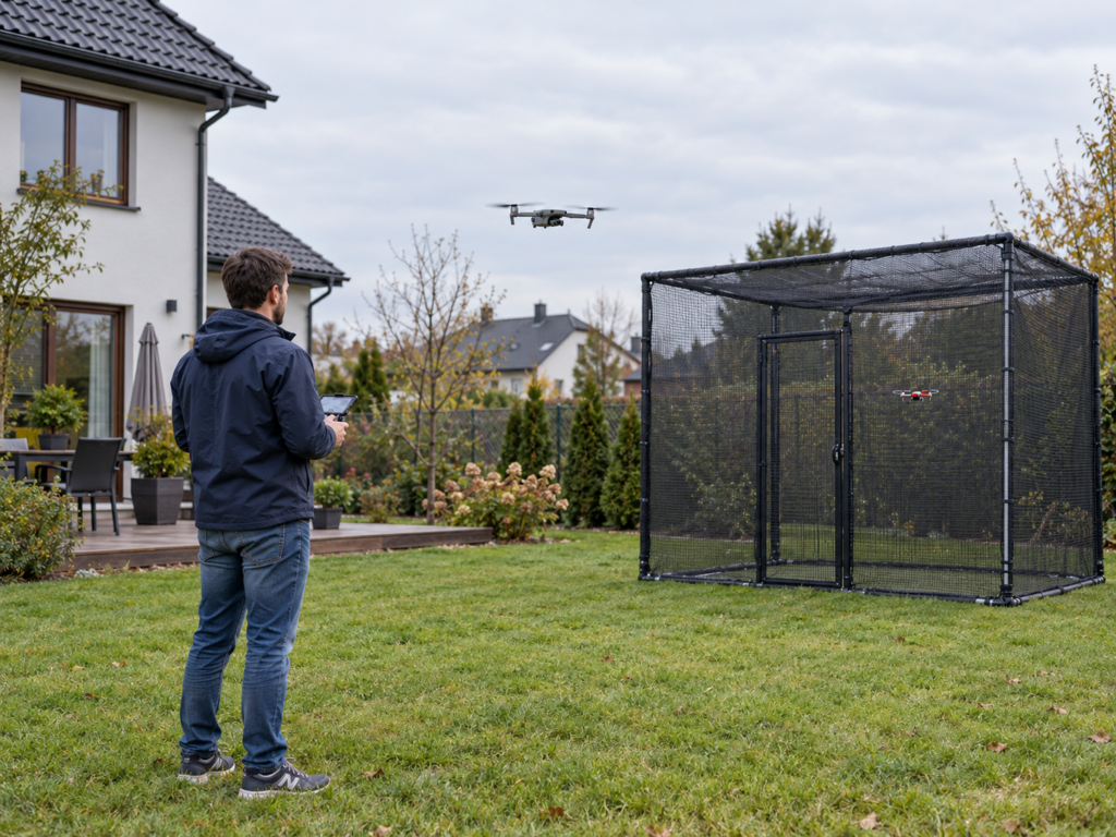 Pilot sterujący dronem na prywatnym podwórku, obok zamknięta klatka bezpieczeństwa z małym dronem